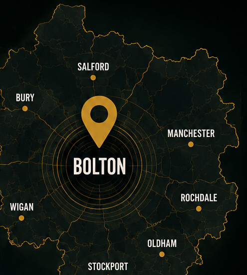 Map showing Bolton at the centre of Toven's Greater Manchester service area, including Bury, Salford, Manchester, Rochdale, Oldham, Stockport and Wigan